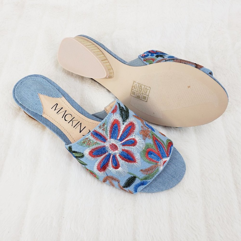 Flower Power Embroidered Denim slip on mule clogs Wood Wrap Heels 70's - Picture 9 of 10
